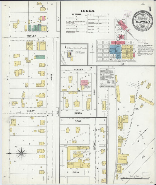 Sanborn Fire Insurance Map from Mount Morris, Ogle County, Illinois (1905), Sheet #0001 - Complete Map Set gallery image, historic Sanborn map, vintage wall art, Illinois Illinois