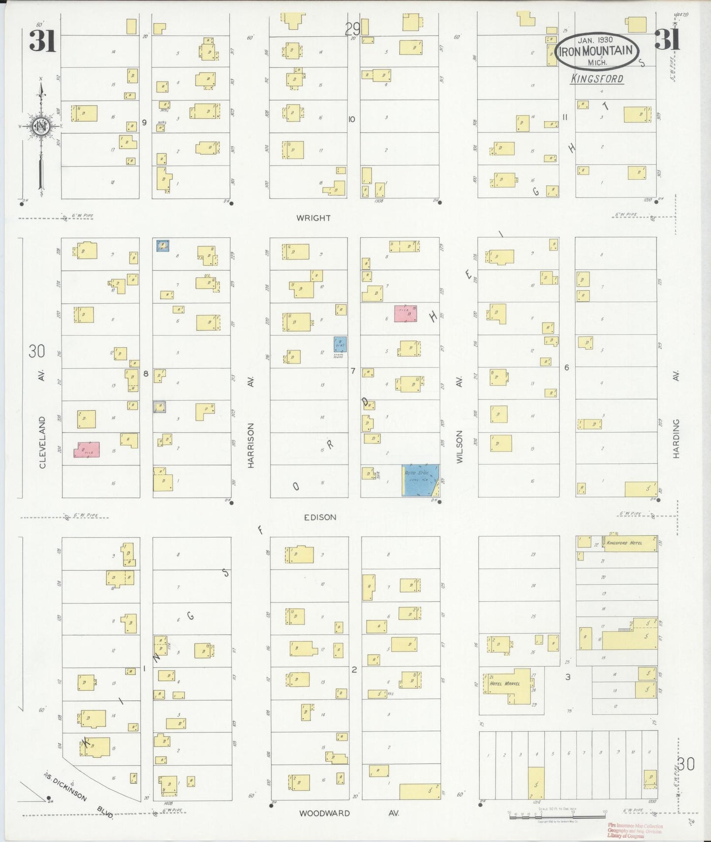 Sanborn Fire Insurance Map from Iron Mountain, Dickinson County, Michigan (1930), Sheet #0031 - Complete Map Set gallery image, historic Sanborn map, vintage wall art, Michigan Michigan