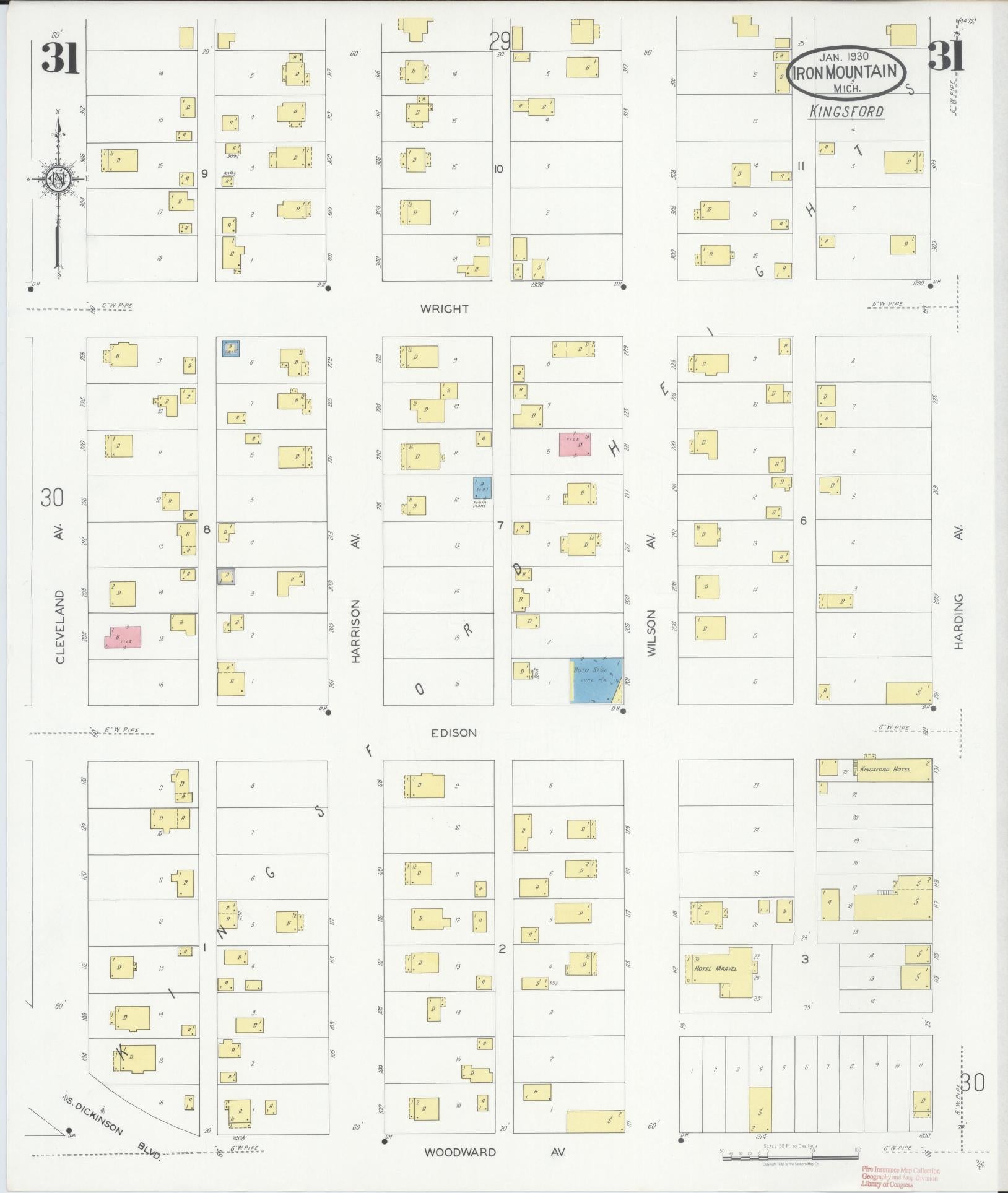 Sanborn Fire Insurance Map from Iron Mountain, Dickinson County, Michigan (1930), Sheet #0031 - Complete Map Set gallery image, historic Sanborn map, vintage wall art, Michigan Michigan