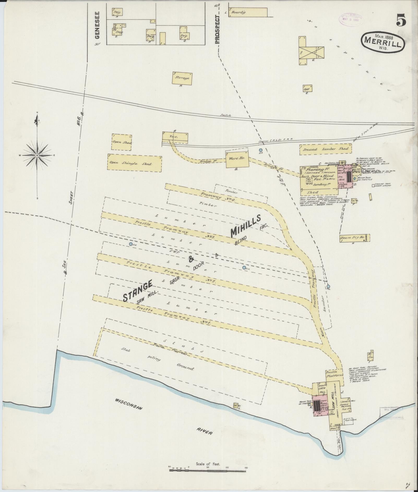 Sanborn Fire Insurance Map from Merrill, Lincoln County, Wisconsin (1888), Sheet #0005 - Historic Sanborn Fire Insurance Map Print, vintage old map wall art, antique decor, genealogy gift, Wisconsin Wisconsin map