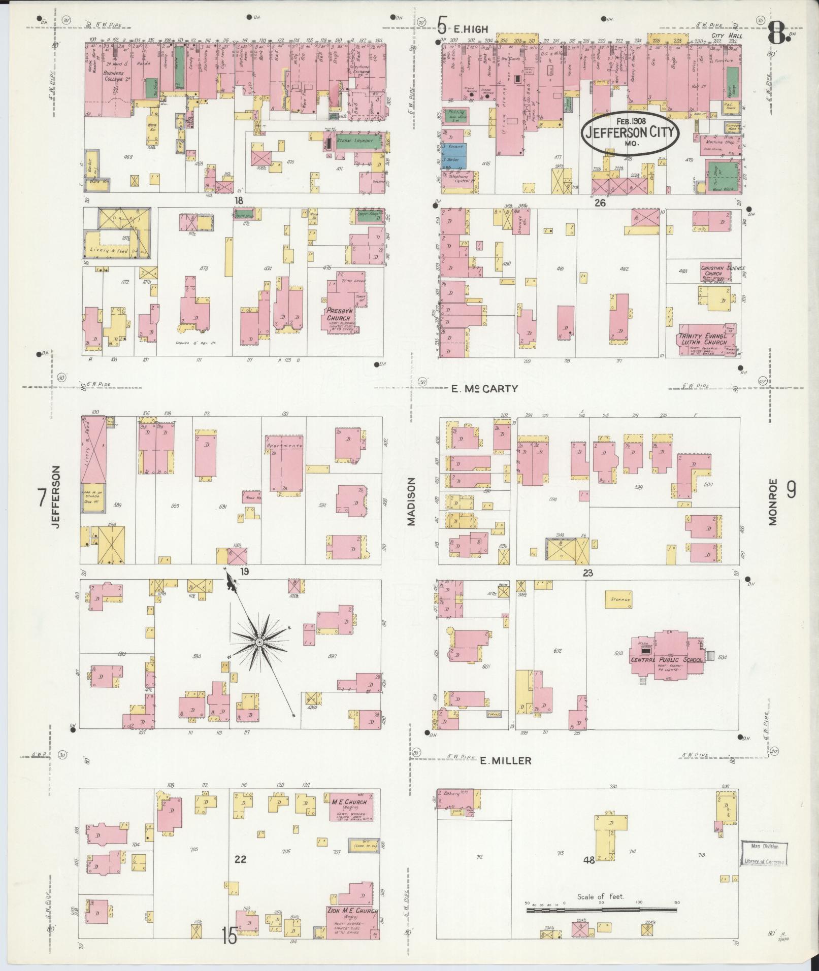 Sanborn Fire Insurance Map from Jefferson City, Cole County, Missouri (1908), Sheet #0008 - Complete Map Set gallery image, historic Sanborn map, vintage wall art, Missouri Missouri