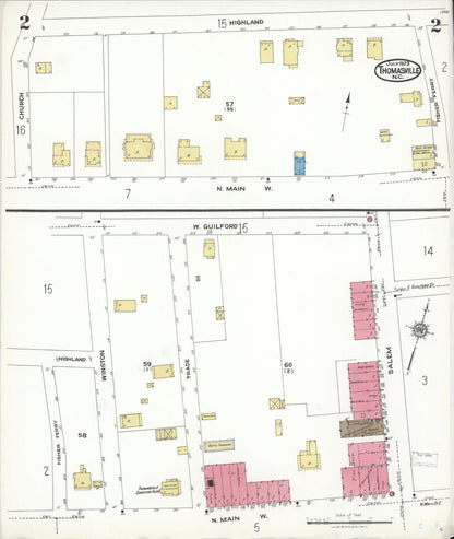 Sanborn Fire Insurance Map from Thomasville, Davidson County, North Carolina (1923), Sheet #0002 - Historic Sanborn Fire Insurance Map Print, vintage old map wall art, antique decor, genealogy gift, North Carolina North Carolina map