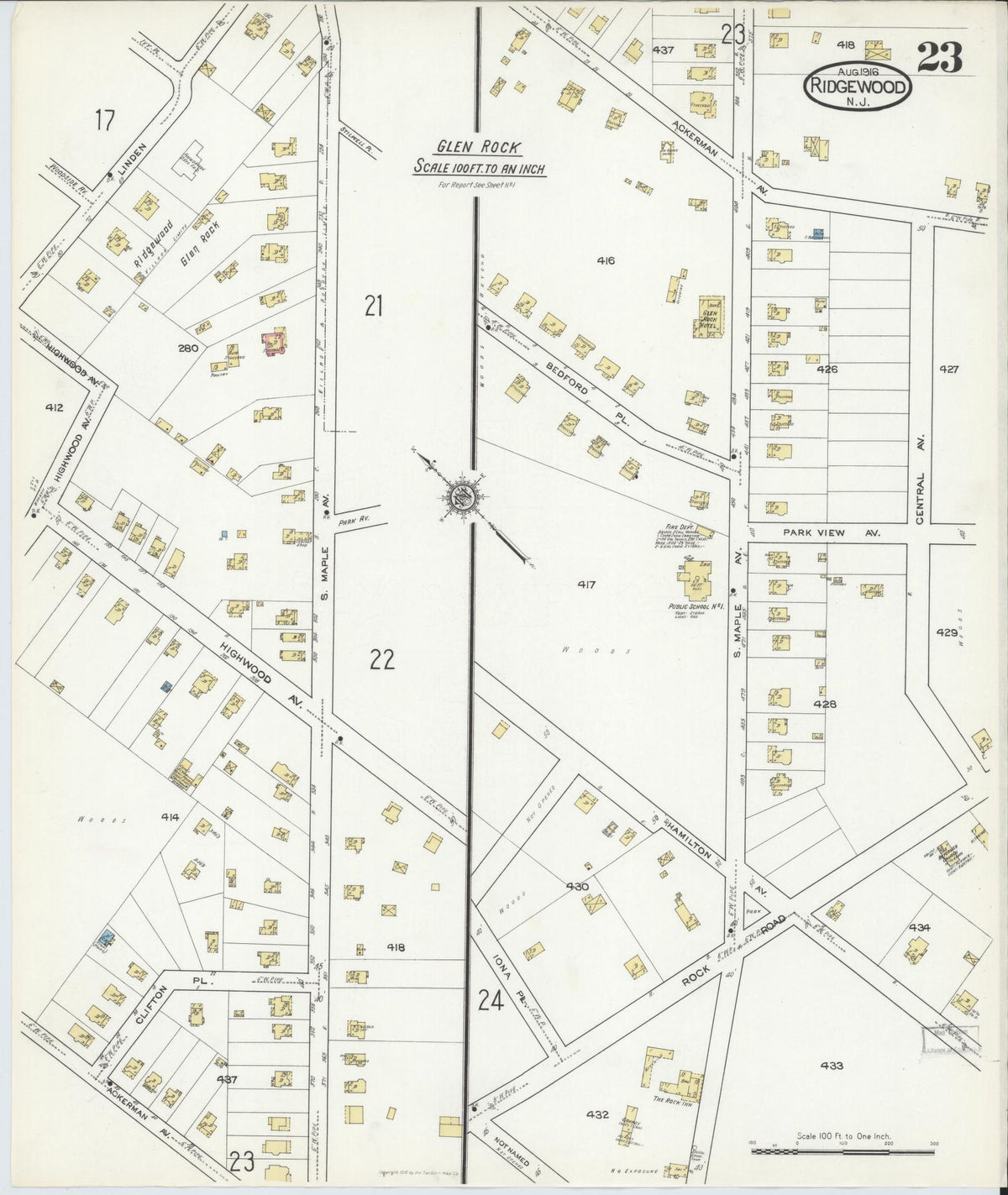 Sanborn Fire Insurance Map from Ridgewood, Bergen County, New Jersey (1916), Sheet #0023 - Complete Map Set gallery image, historic Sanborn map, vintage wall art, New Jersey New Jersey
