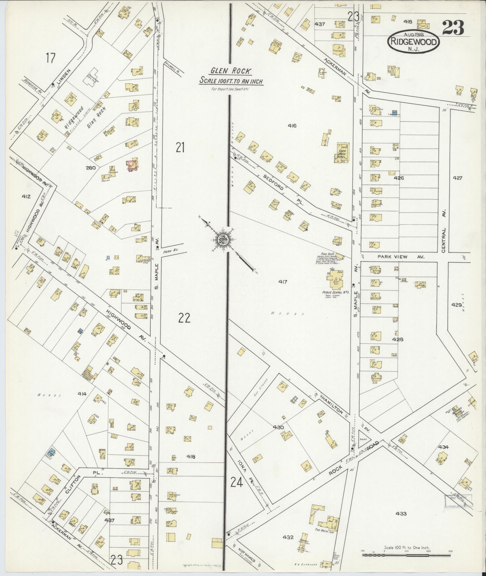 Sanborn Fire Insurance Map from Ridgewood, Bergen County, New Jersey (1916), Sheet #0023 - Complete Map Set gallery image, historic Sanborn map, vintage wall art, New Jersey New Jersey