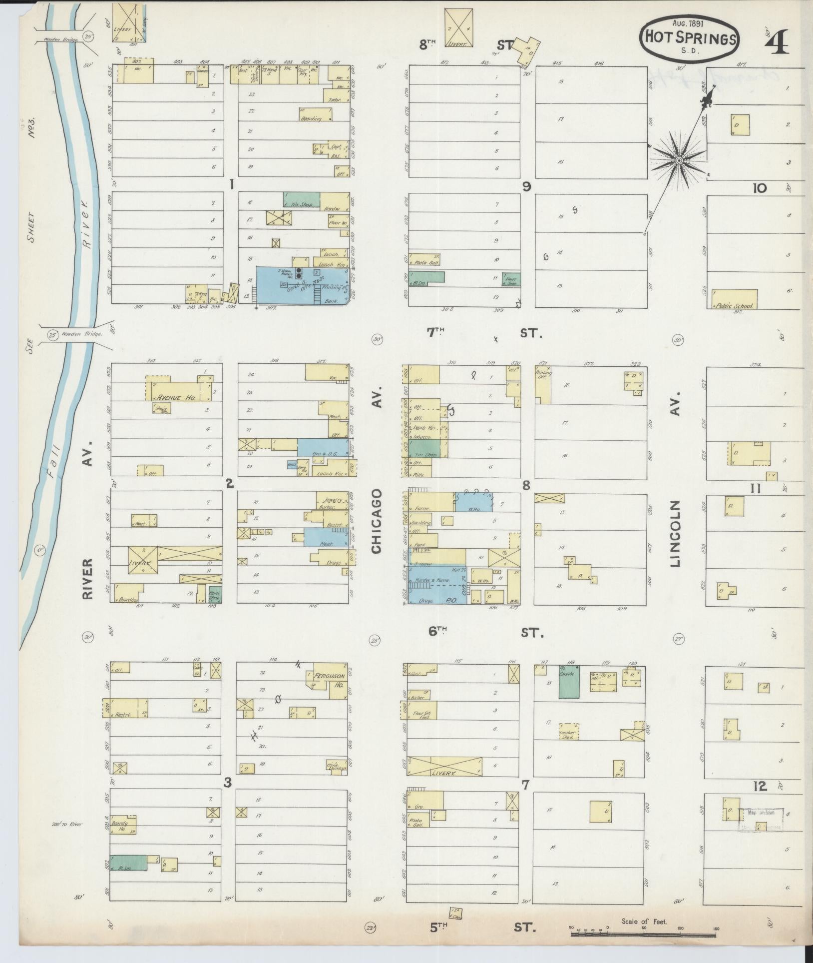 Sanborn Fire Insurance Map from Hot Springs, Fall River County, South Dakota (1891), Sheet #0004 - Complete Map Set gallery image, historic Sanborn map, vintage wall art, South Dakota South Dakota