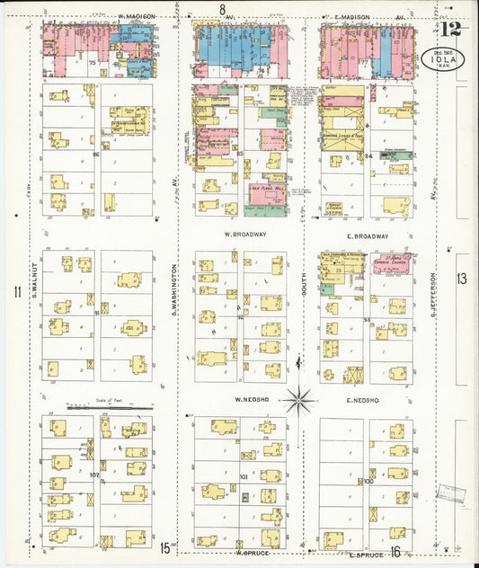 Sanborn Fire Insurance Map from Iola, Allen County, Kansas (1905), Sheet #0012 - Historic Sanborn Fire Insurance Map Print, vintage old map wall art, antique decor, genealogy gift, Kansas Kansas map