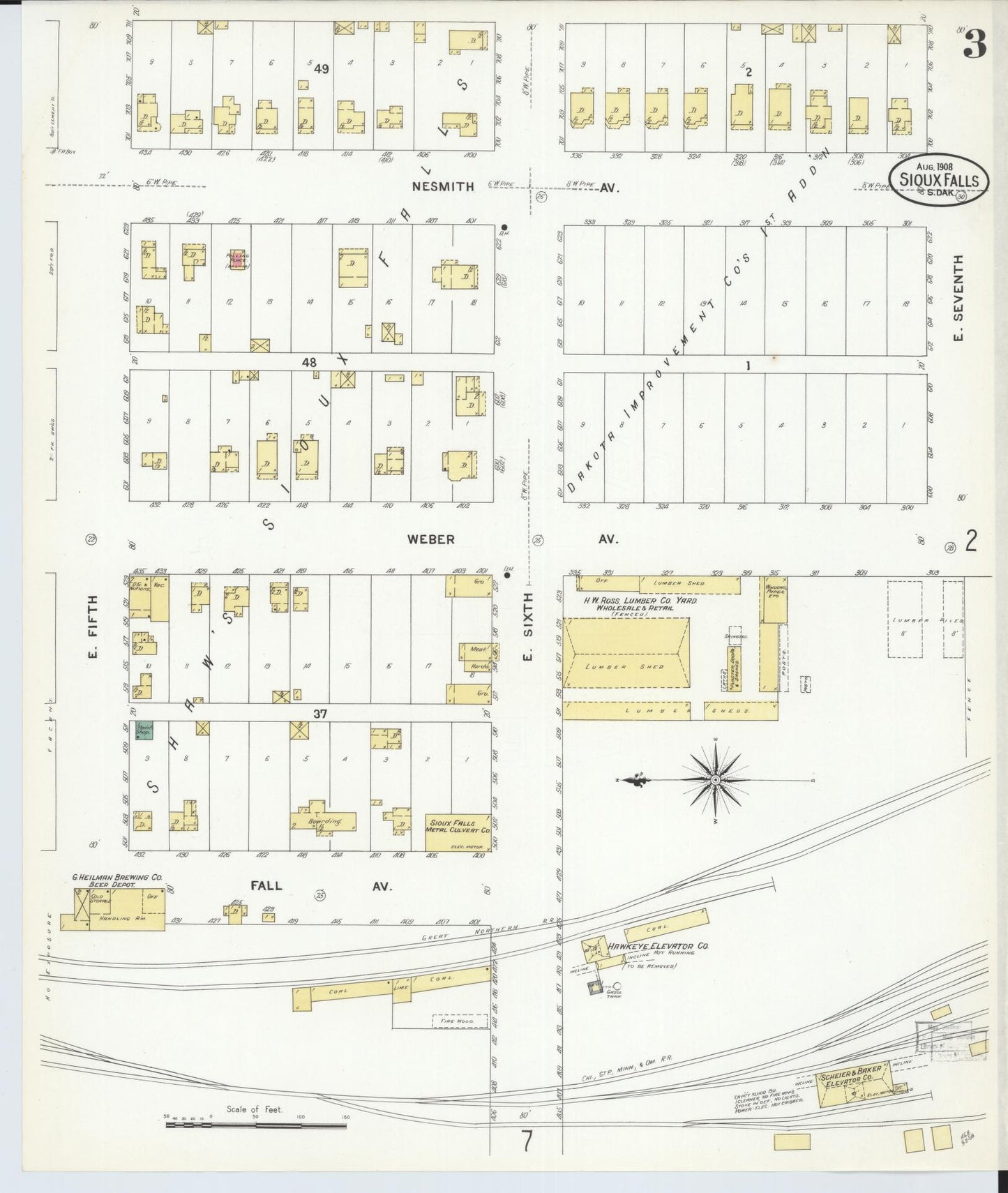 Sanborn Fire Insurance Map from Sioux Falls, Minnehaha County, South Dakota (1908), Sheet #0003 - Complete Map Set gallery image, historic Sanborn map, vintage wall art, South Dakota South Dakota