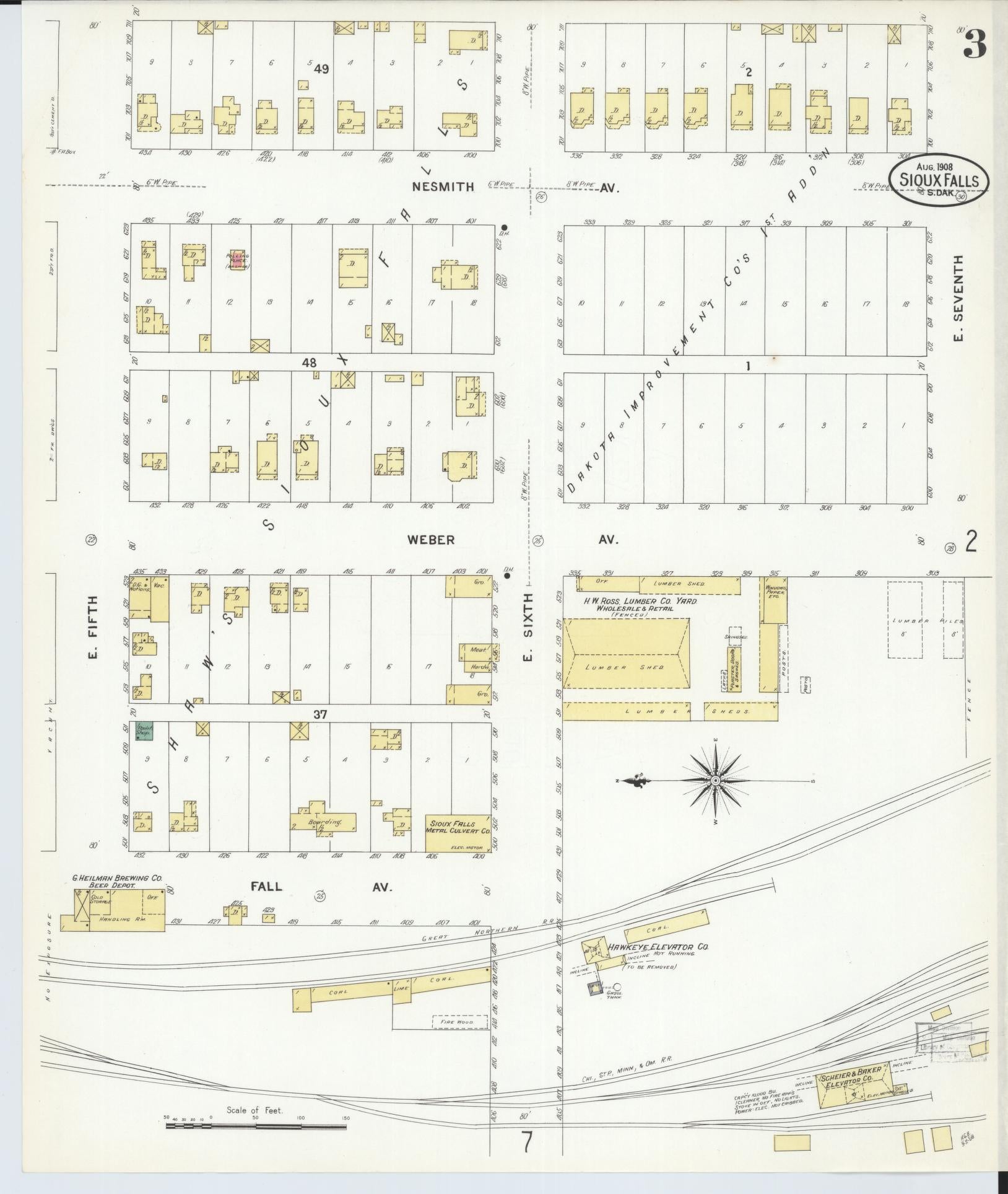 Sanborn Fire Insurance Map from Sioux Falls, Minnehaha County, South Dakota (1908), Sheet #0003 - Complete Map Set gallery image, historic Sanborn map, vintage wall art, South Dakota South Dakota