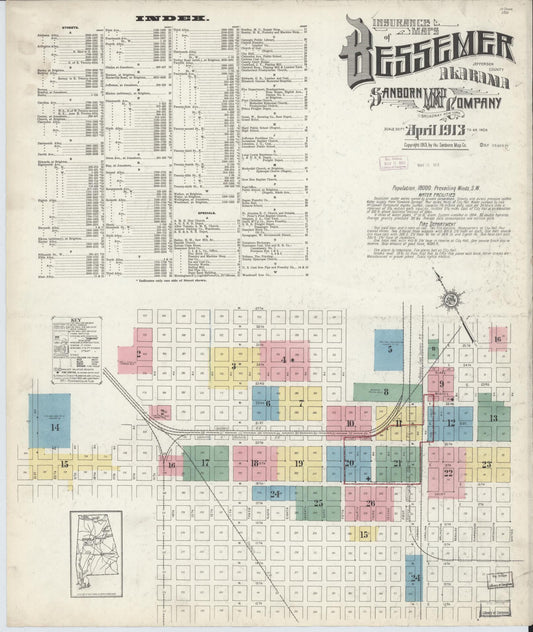 Sanborn Fire Insurance Map from Bessemer, Jefferson County, Alabama (1913), Sheet #0001 - Historic Sanborn Fire Insurance Map Print, vintage old map wall art, antique decor, genealogy gift, Alabama Alabama map
