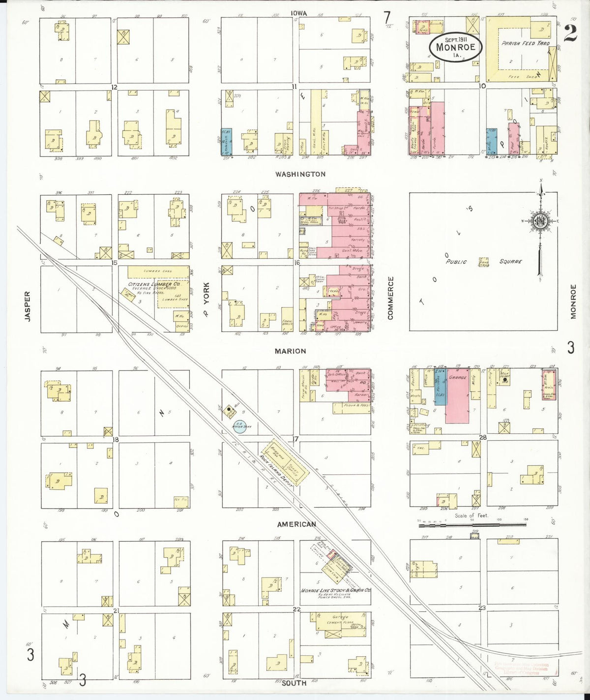 Sanborn Fire Insurance Map from Monroe, Jasper County, Iowa (1911), Sheet #0002 - Historic Sanborn Fire Insurance Map Print, vintage old map wall art