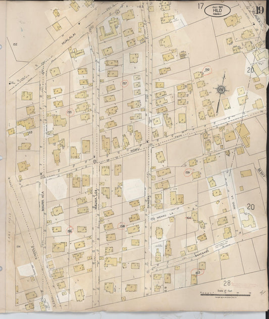 Sanborn Fire Insurance Map from Hilo, Hawaii County, Hawaii (1957), Sheet #0019 - Historic Sanborn Fire Insurance Map Print, vintage old map wall art