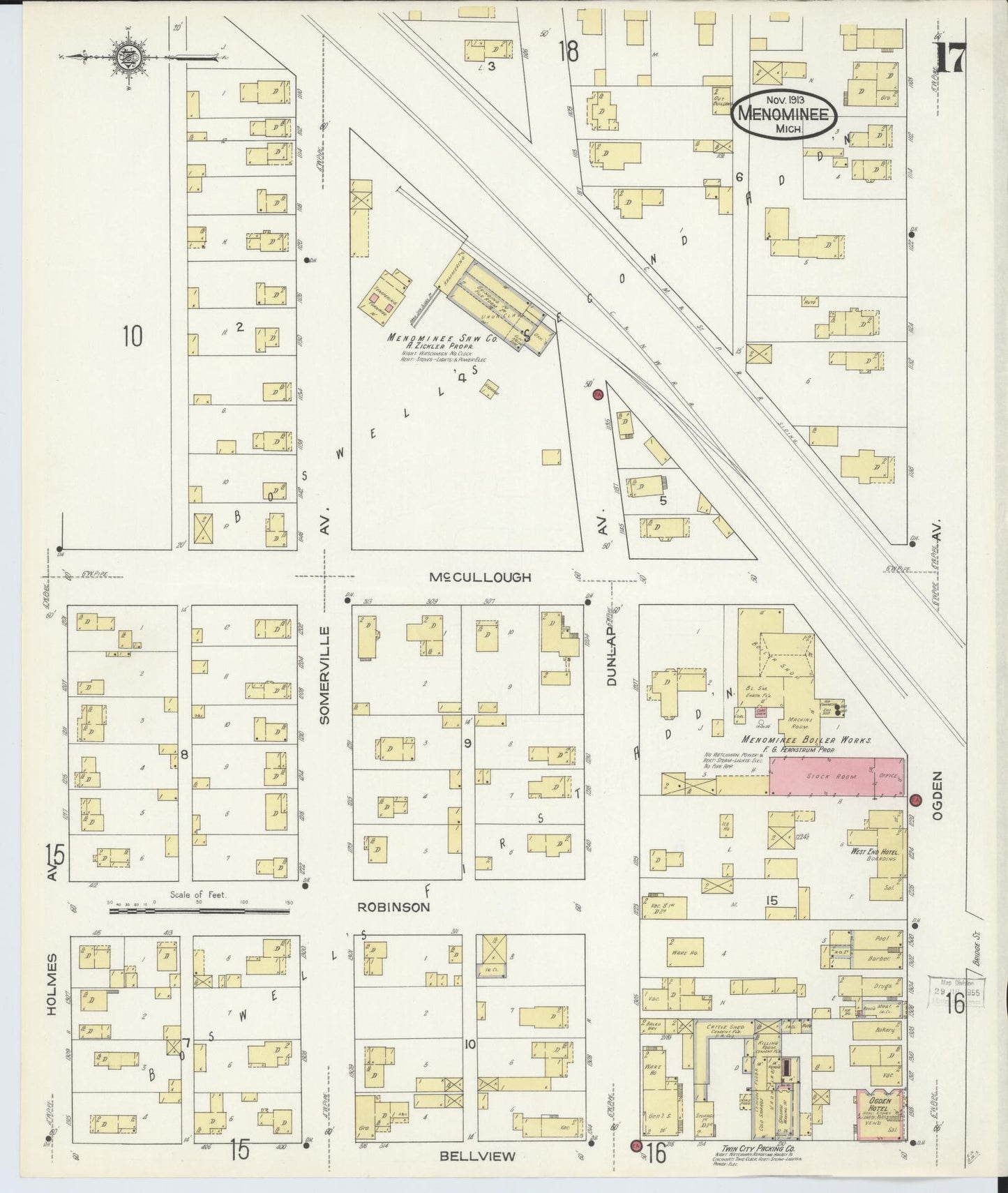 Sanborn Fire Insurance Map from Menominee, Menominee County, Michigan (1913), Sheet #0017 - Complete Map Set gallery image, historic Sanborn map, vintage wall art, Michigan Michigan