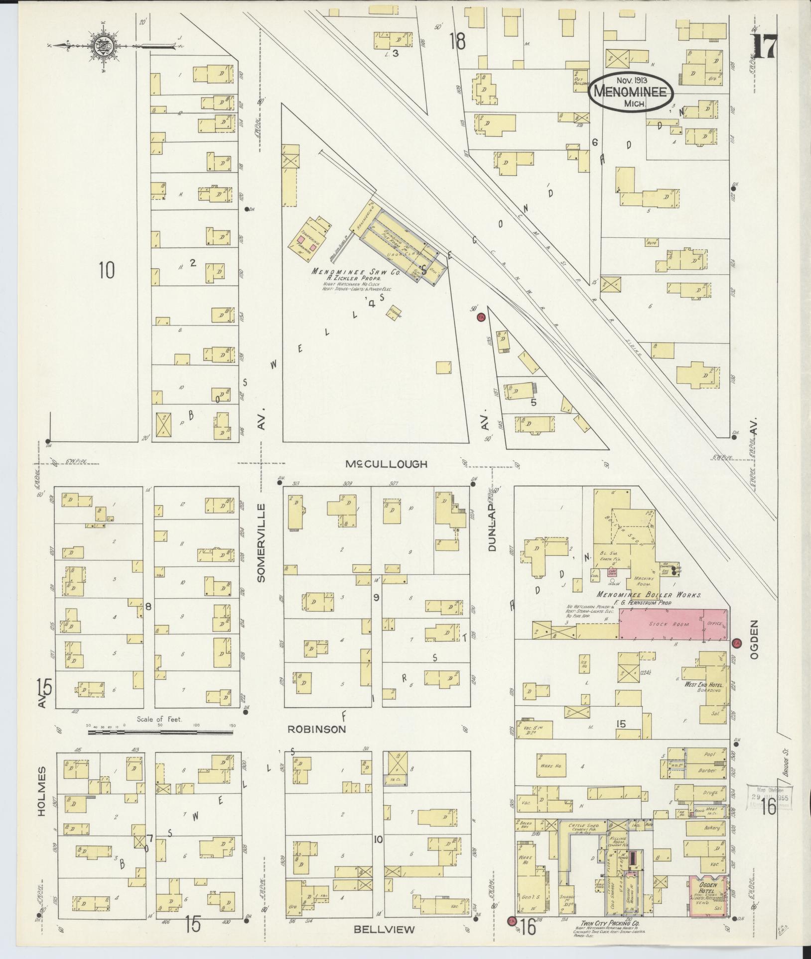 Sanborn Fire Insurance Map from Menominee, Menominee County, Michigan (1913), Sheet #0017 - Complete Map Set gallery image, historic Sanborn map, vintage wall art, Michigan Michigan