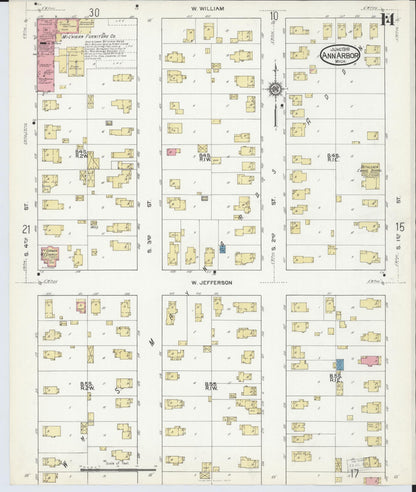 Sanborn Fire Insurance Map from Ann Arbor, Washtenaw County, Michigan (1916), Sheet #0014 - Complete Map Set gallery image, historic Sanborn map, vintage wall art, Michigan Michigan
