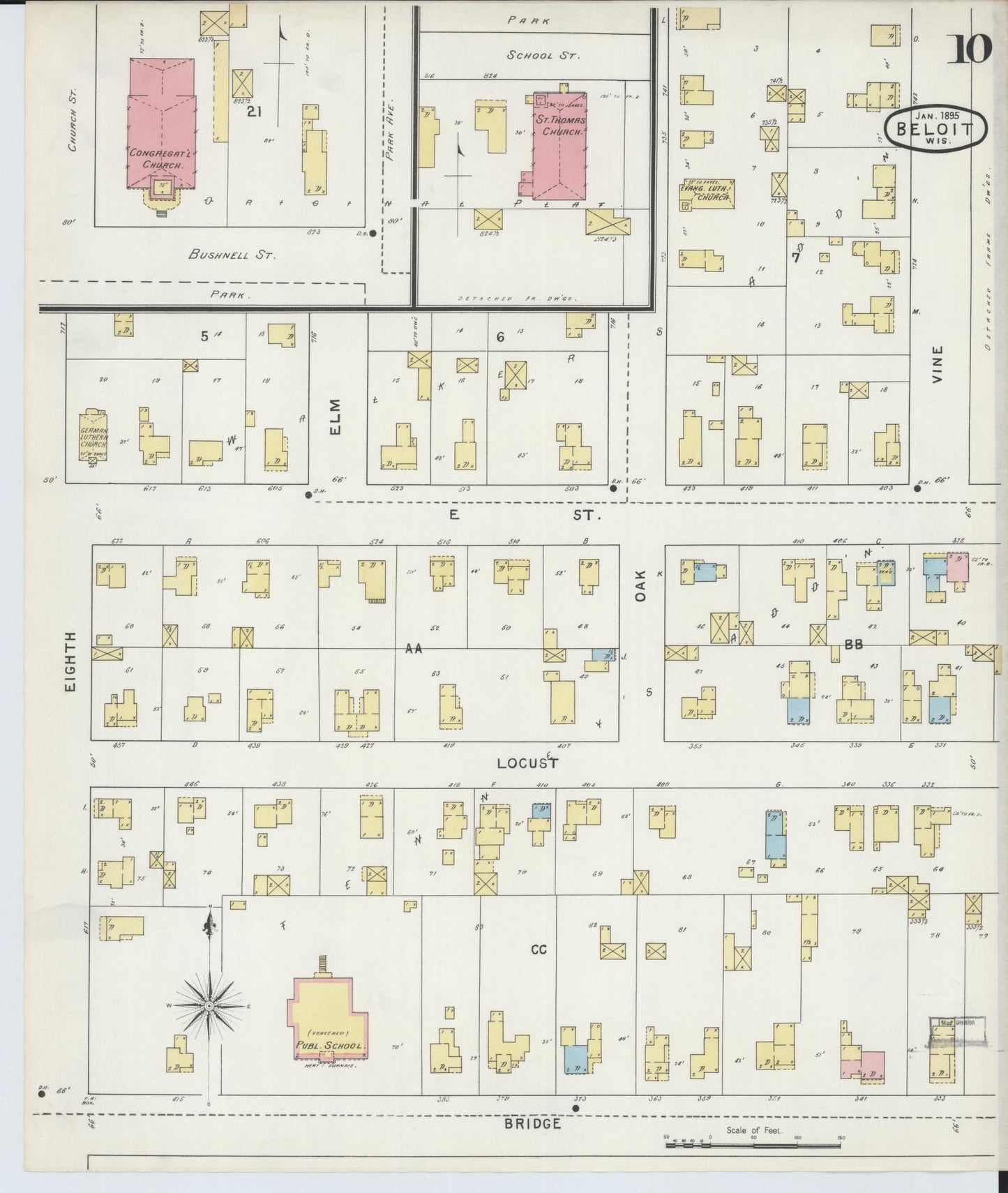 Sanborn Fire Insurance Map from Beloit, Rock County, Wisconsin (1895), Sheet #0010 - Historic Sanborn Fire Insurance Map Print, vintage old map wall art, antique decor, genealogy gift, Wisconsin Wisconsin map