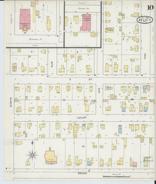 Sanborn Fire Insurance Map from Beloit, Rock County, Wisconsin (1895), Sheet #0010 - Historic Sanborn Fire Insurance Map Print, vintage old map wall art, antique decor, genealogy gift, Wisconsin Wisconsin map