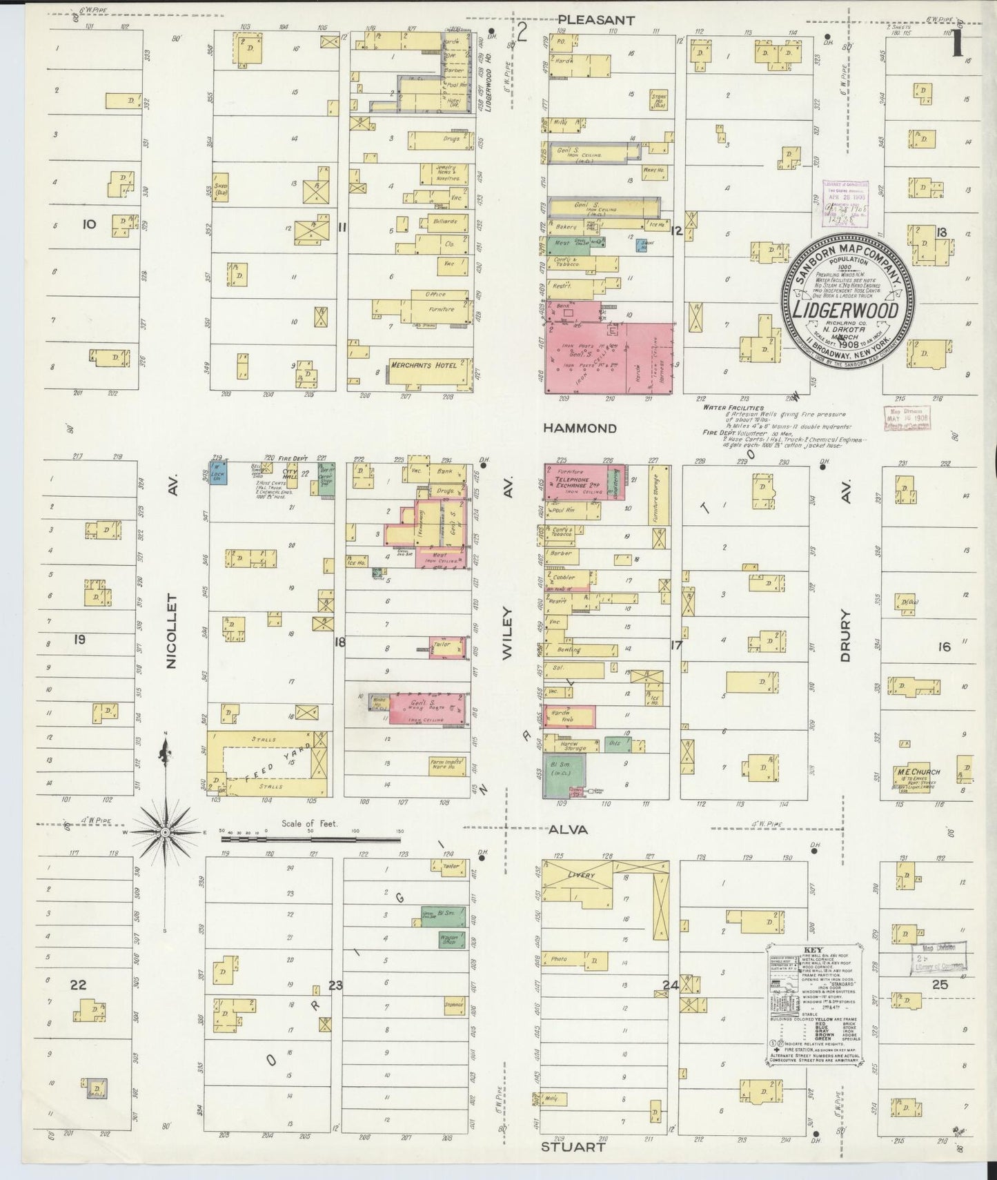 Sanborn Fire Insurance Map from Lidgerwood, Richland County, North Dakota (1908), Sheet #0001 - Complete Map Set gallery image, historic Sanborn map, vintage wall art, North Dakota North Dakota