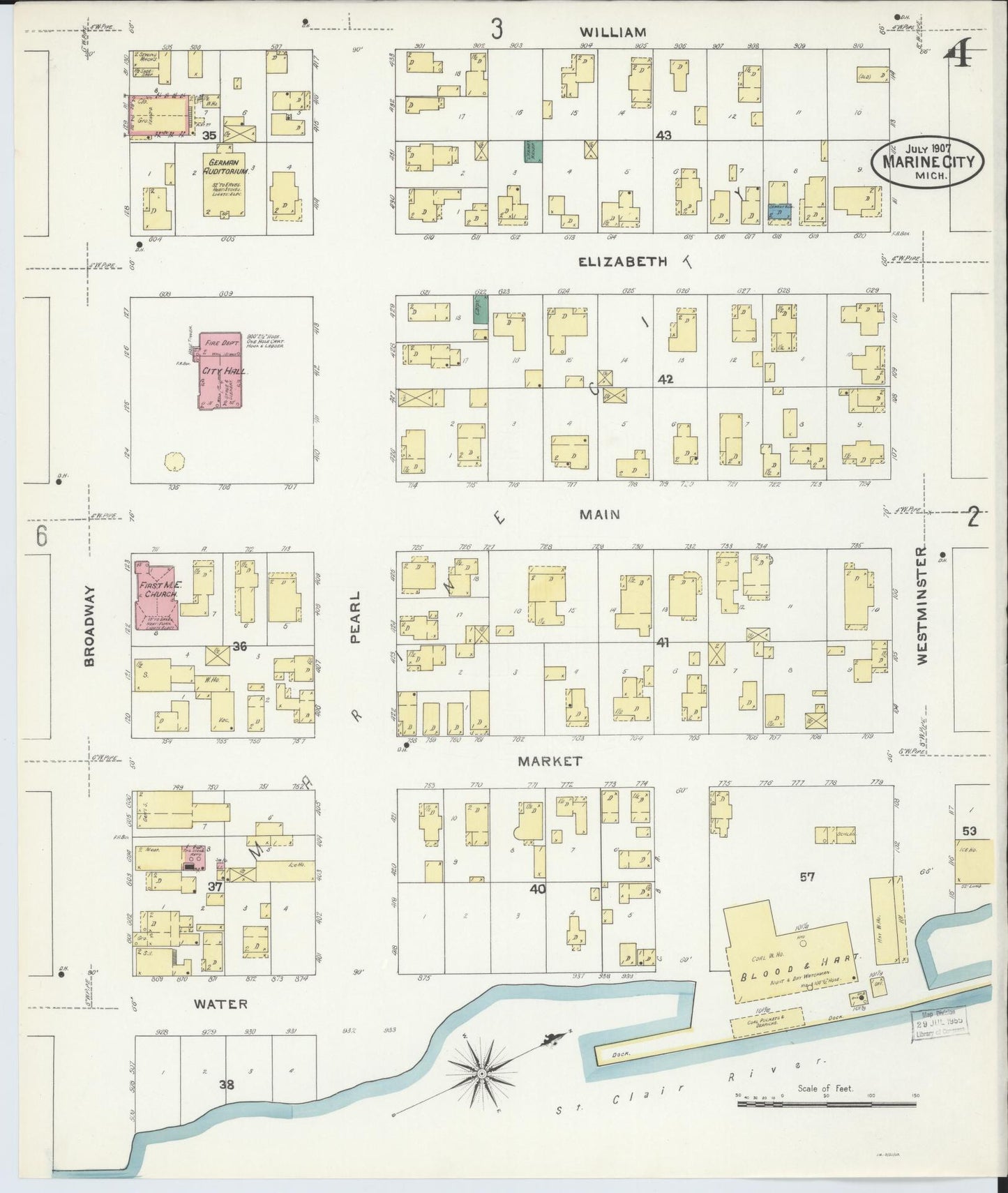 Sanborn Fire Insurance Map from Marine City, Saint Clair County, Michigan (1907), Sheet #0004 - Complete Map Set gallery image, historic Sanborn map, vintage wall art, Michigan Michigan