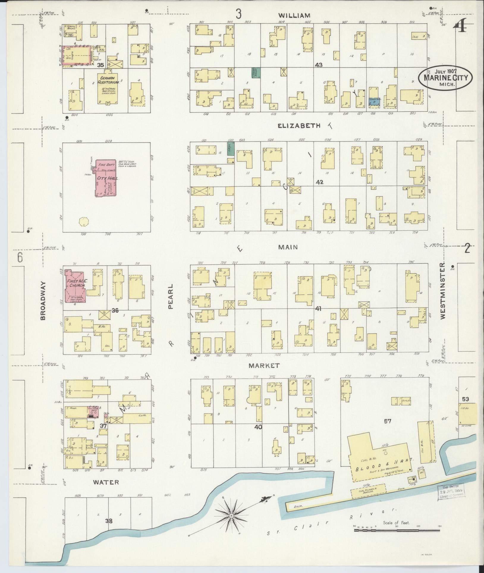 Sanborn Fire Insurance Map from Marine City, Saint Clair County, Michigan (1907), Sheet #0004 - Complete Map Set gallery image, historic Sanborn map, vintage wall art, Michigan Michigan