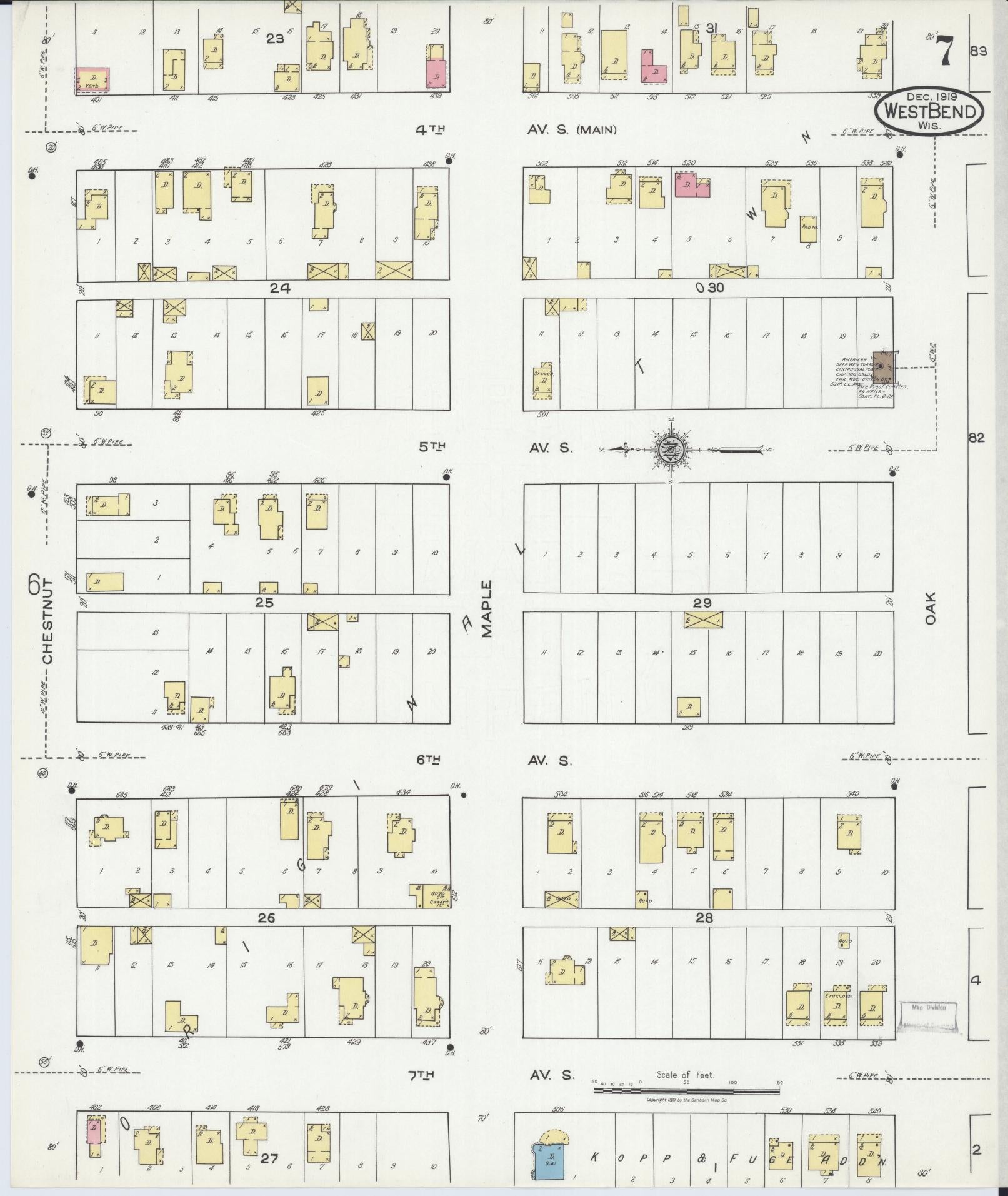 Sanborn Fire Insurance Map from West Bend, Washington County, Wisconsin (1919), Sheet #0007 - Complete Map Set gallery image, historic Sanborn map, vintage wall art, Wisconsin Wisconsin
