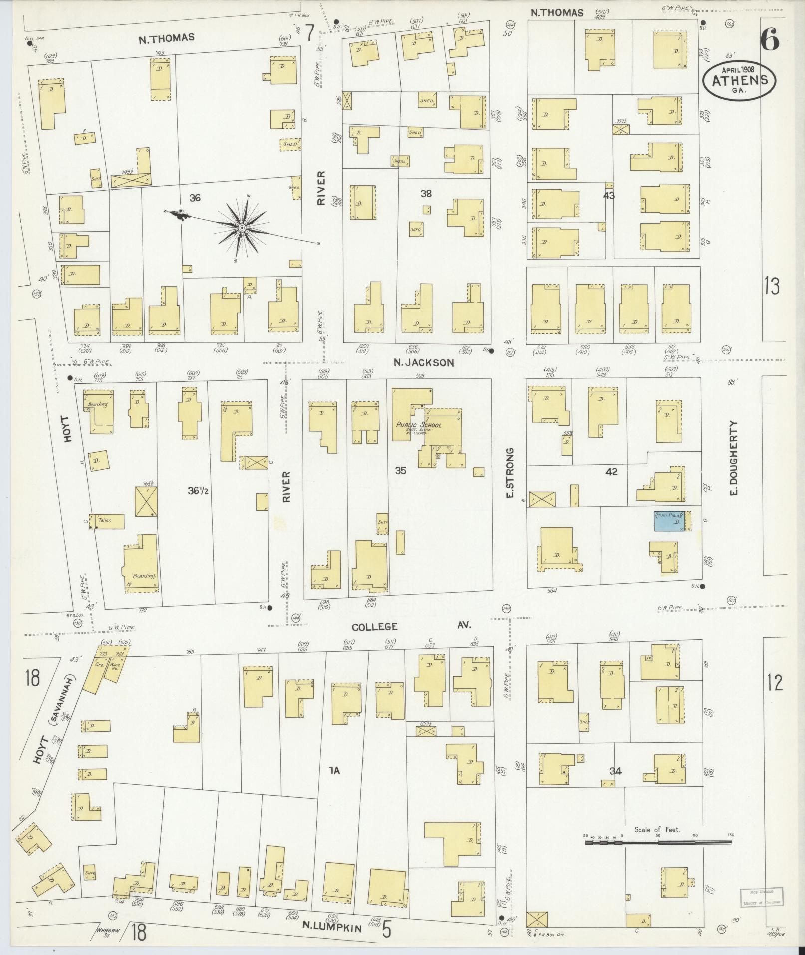 Sanborn Fire Insurance Map from Athens, Clarke County, Georgia (1908), Sheet #0006 - Historic Sanborn Fire Insurance Map Print, vintage old map wall art, antique decor, genealogy gift, Georgia Georgia map