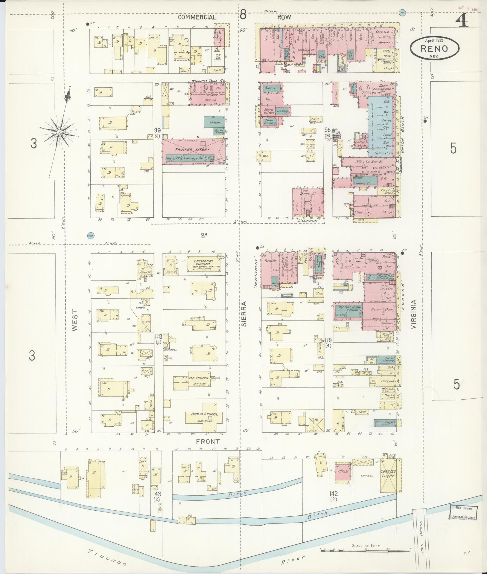 Sanborn Fire Insurance Map from Reno, Washoe County, Nevada (1899), Sheet #0004 - Complete Map Set gallery image, historic Sanborn map, vintage wall art, Nevada Nevada
