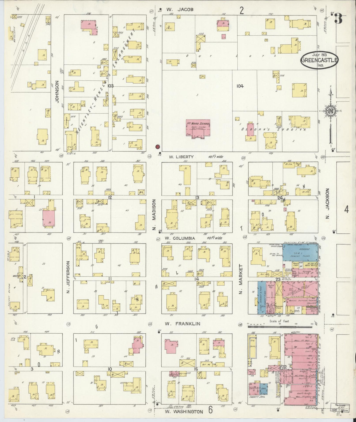 Sanborn Fire Insurance Map from Greencastle, Putnam County, Indiana (1913), Sheet #0003 - Historic Sanborn Fire Insurance Map Print, vintage old map wall art, antique decor, genealogy gift, Indiana Indiana map