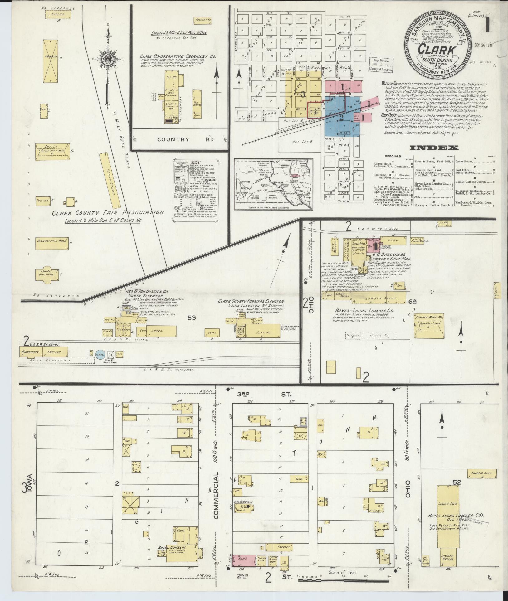 Sanborn Fire Insurance Map from Clark, Clark County, South Dakota (1916), Sheet #0001 - Historic Sanborn Fire Insurance Map Print, vintage old map wall art, antique decor, genealogy gift, South Dakota South Dakota map
