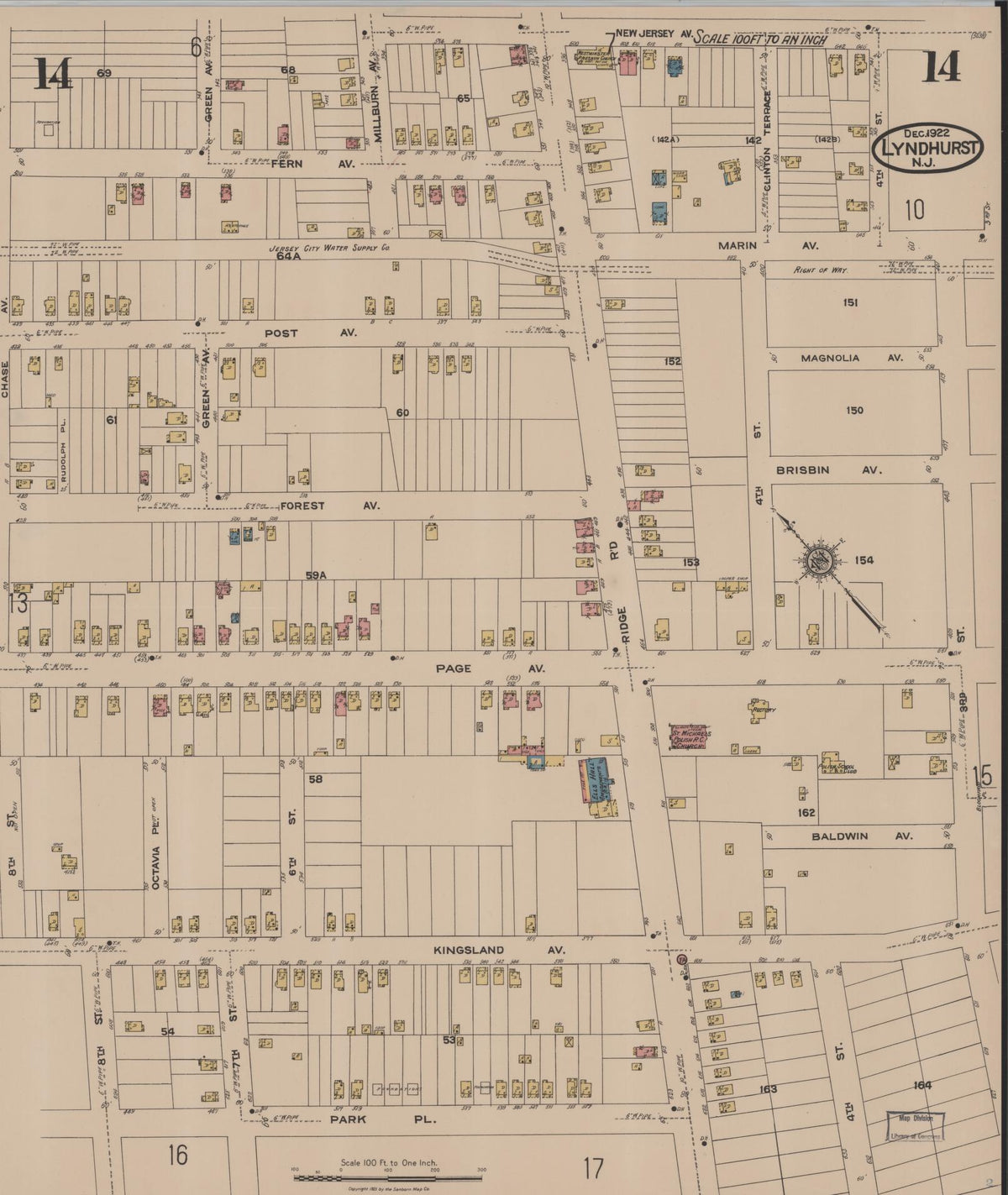 Sanborn Fire Insurance Map from Lyndhurst, Bergen County, New Jersey (1922), Sheet #0014 - Historic Sanborn Fire Insurance Map Print, vintage old map wall art, antique decor, genealogy gift, New Jersey New Jersey map