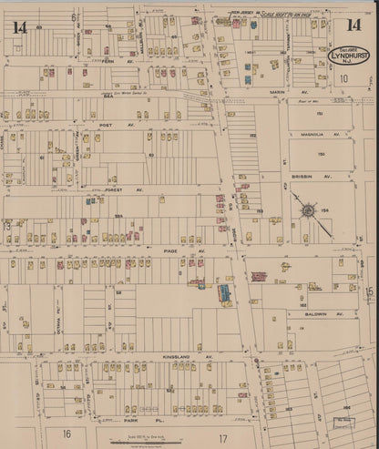 Sanborn Fire Insurance Map from Lyndhurst, Bergen County, New Jersey (1922), Sheet #0014 - Historic Sanborn Fire Insurance Map Print, vintage old map wall art, antique decor, genealogy gift, New Jersey New Jersey map