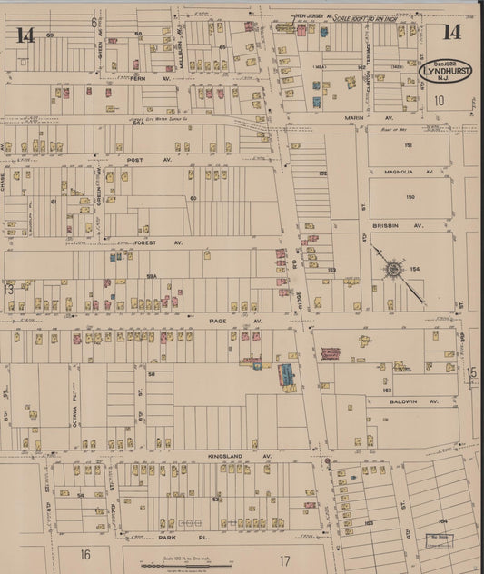 Sanborn Fire Insurance Map from Lyndhurst, Bergen County, New Jersey (1922), Sheet #0014 - Historic Sanborn Fire Insurance Map Print, vintage old map wall art, antique decor, genealogy gift, New Jersey New Jersey map
