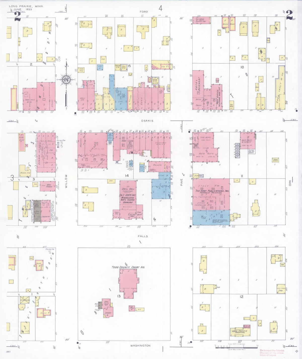 Sanborn Fire Insurance Map from Long Prairie, Todd County, Minnesota (1933), Sheet #0002 - Complete Map Set gallery image, historic Sanborn map, vintage wall art, Minnesota Minnesota