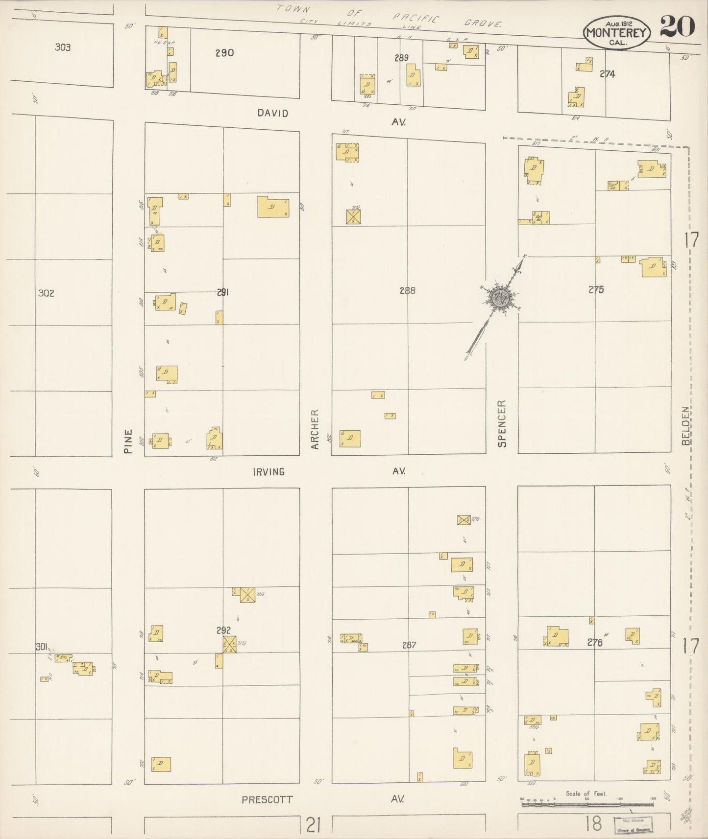 Sanborn Fire Insurance Map from Monterey, Monterey County, California (1912), Sheet #0020 - Historic Sanborn Fire Insurance Map Print, vintage old map wall art, antique decor, genealogy gift, California California map