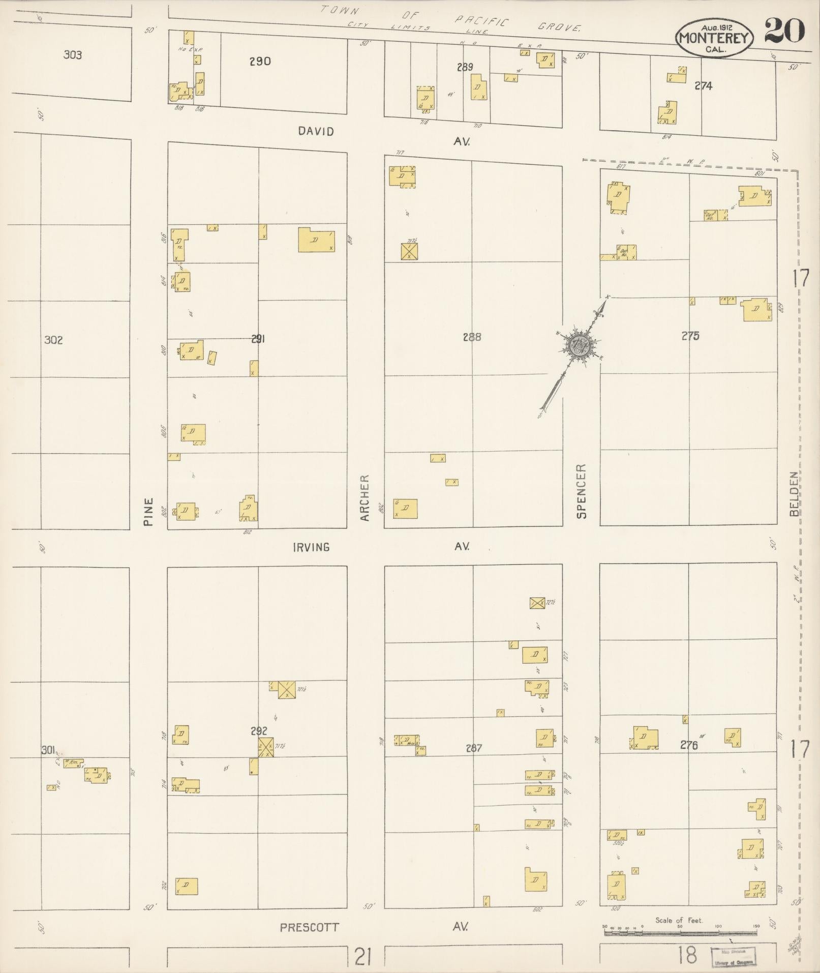 Sanborn Fire Insurance Map from Monterey, Monterey County, California (1912), Sheet #0020 - Historic Sanborn Fire Insurance Map Print, vintage old map wall art, antique decor, genealogy gift, California California map