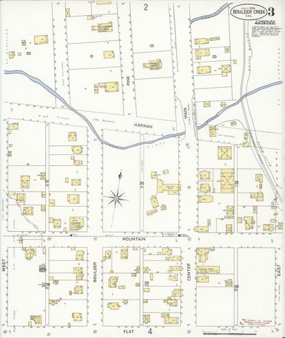 Sanborn Fire Insurance Map from Boulder Creek, Santa Cruz County, California (1908), Sheet #0003 - Historic Sanborn Fire Insurance Map Print, vintage old map wall art, antique decor, genealogy gift, California California map