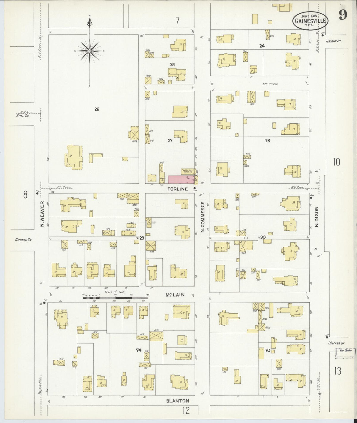 Sanborn Fire Insurance Map from Gainesville, Cooke County, Texas (1908), Sheet #0009 - Historic Sanborn Fire Insurance Map Print, vintage old map wall art, antique decor, genealogy gift, Texas Texas map