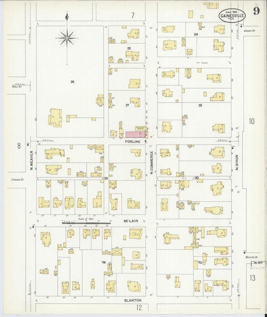 Sanborn Fire Insurance Map from Gainesville, Cooke County, Texas (1908), Sheet #0009 - Historic Sanborn Fire Insurance Map Print, vintage old map wall art, antique decor, genealogy gift, Texas Texas map