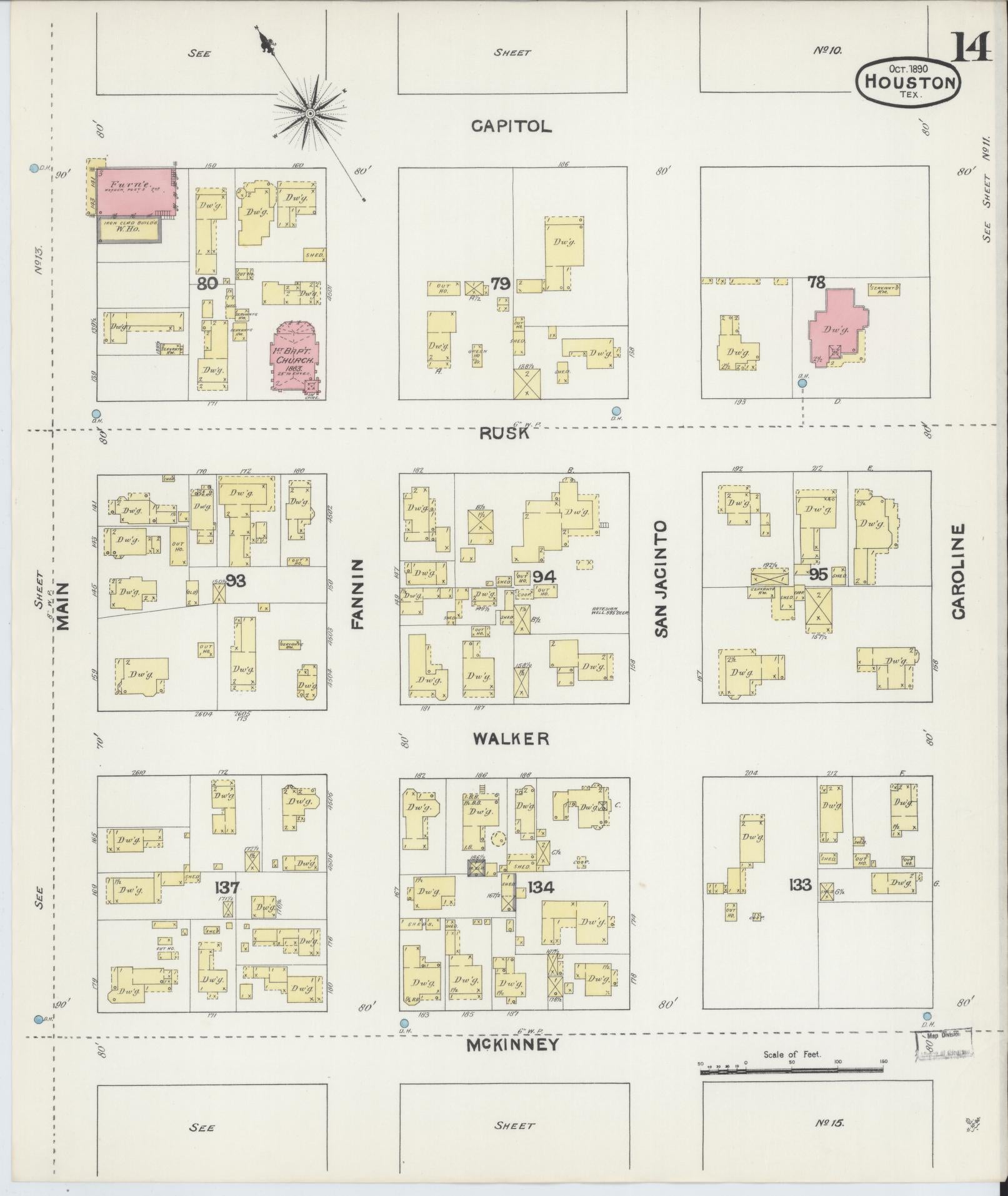 Sanborn Fire Insurance Map from Houston, Harris County, Texas (1890), Sheet #0014 - Historic Sanborn Fire Insurance Map Print, vintage old map wall art, antique decor, genealogy gift, Texas Texas map
