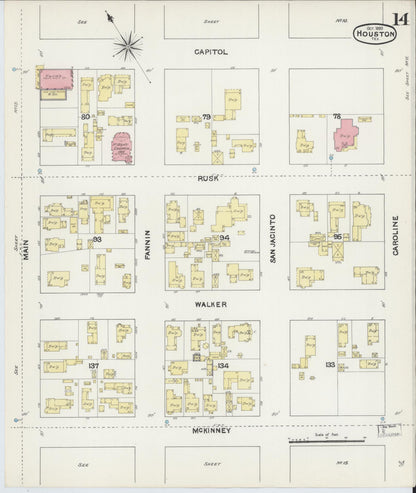 Sanborn Fire Insurance Map from Houston, Harris County, Texas (1890), Sheet #0014 - Historic Sanborn Fire Insurance Map Print, vintage old map wall art, antique decor, genealogy gift, Texas Texas map
