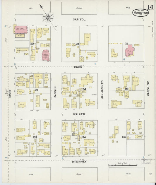 Sanborn Fire Insurance Map from Houston, Harris County, Texas (1890), Sheet #0014 - Historic Sanborn Fire Insurance Map Print, vintage old map wall art, antique decor, genealogy gift, Texas Texas map