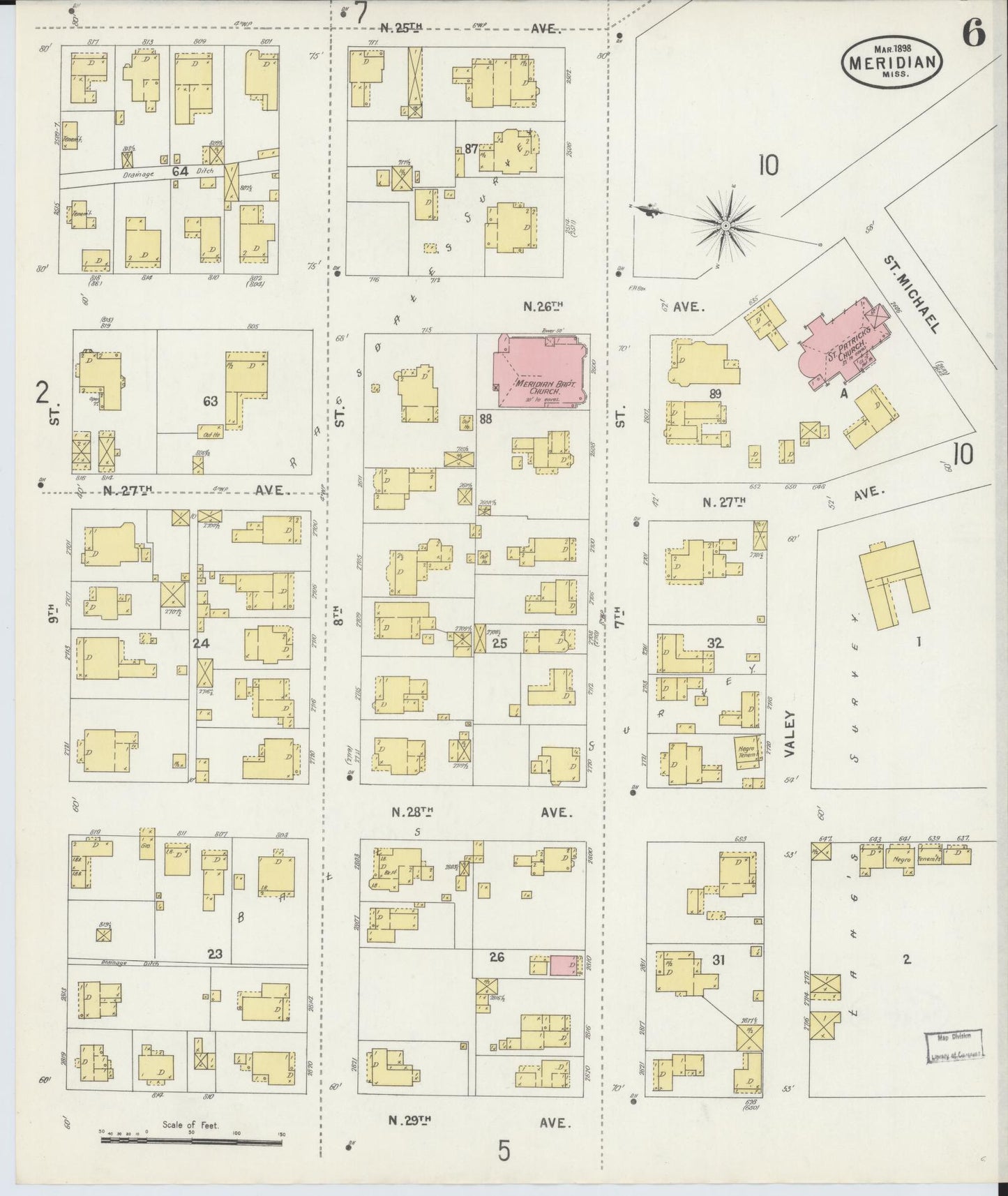 Sanborn Fire Insurance Map from Meridian, Lauderdale County, Mississippi (1898), Sheet #0006 - Complete Map Set gallery image, historic Sanborn map, vintage wall art, Mississippi Mississippi
