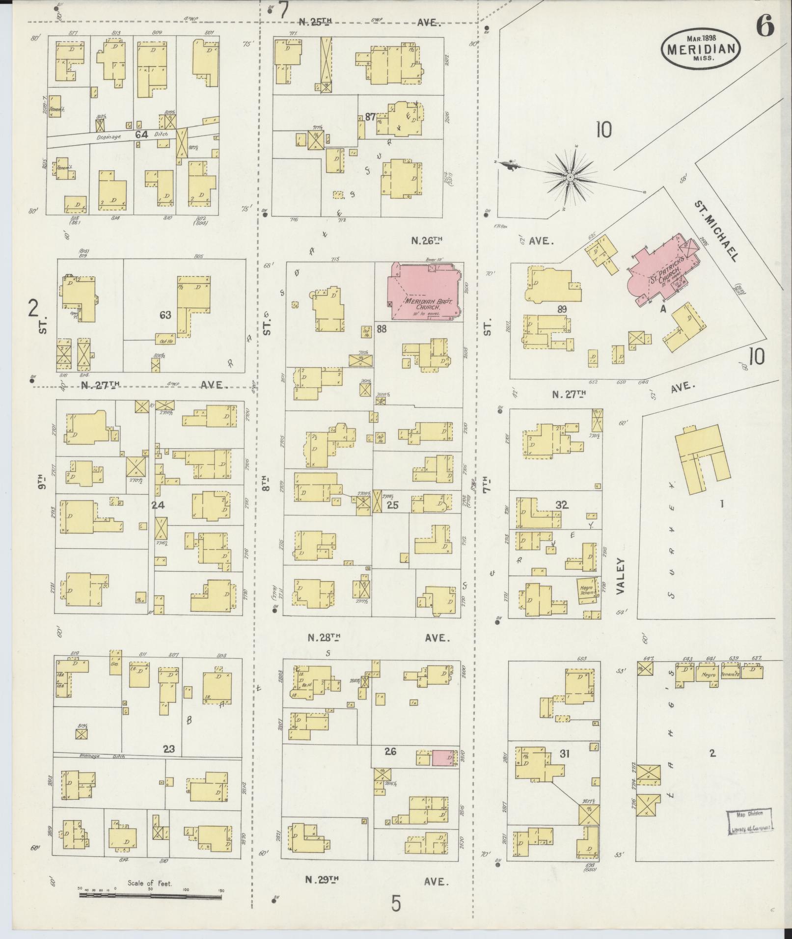 Sanborn Fire Insurance Map from Meridian, Lauderdale County, Mississippi (1898), Sheet #0006 - Complete Map Set gallery image, historic Sanborn map, vintage wall art, Mississippi Mississippi
