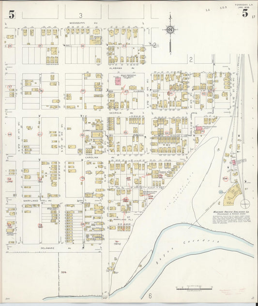Sanborn Fire Insurance Map from Ferriday, Concordia Parish, Louisiana (1938), Sheet #0005 - Historic Sanborn Fire Insurance Map Print, vintage old map wall art, antique decor, genealogy gift, Louisiana Louisiana map