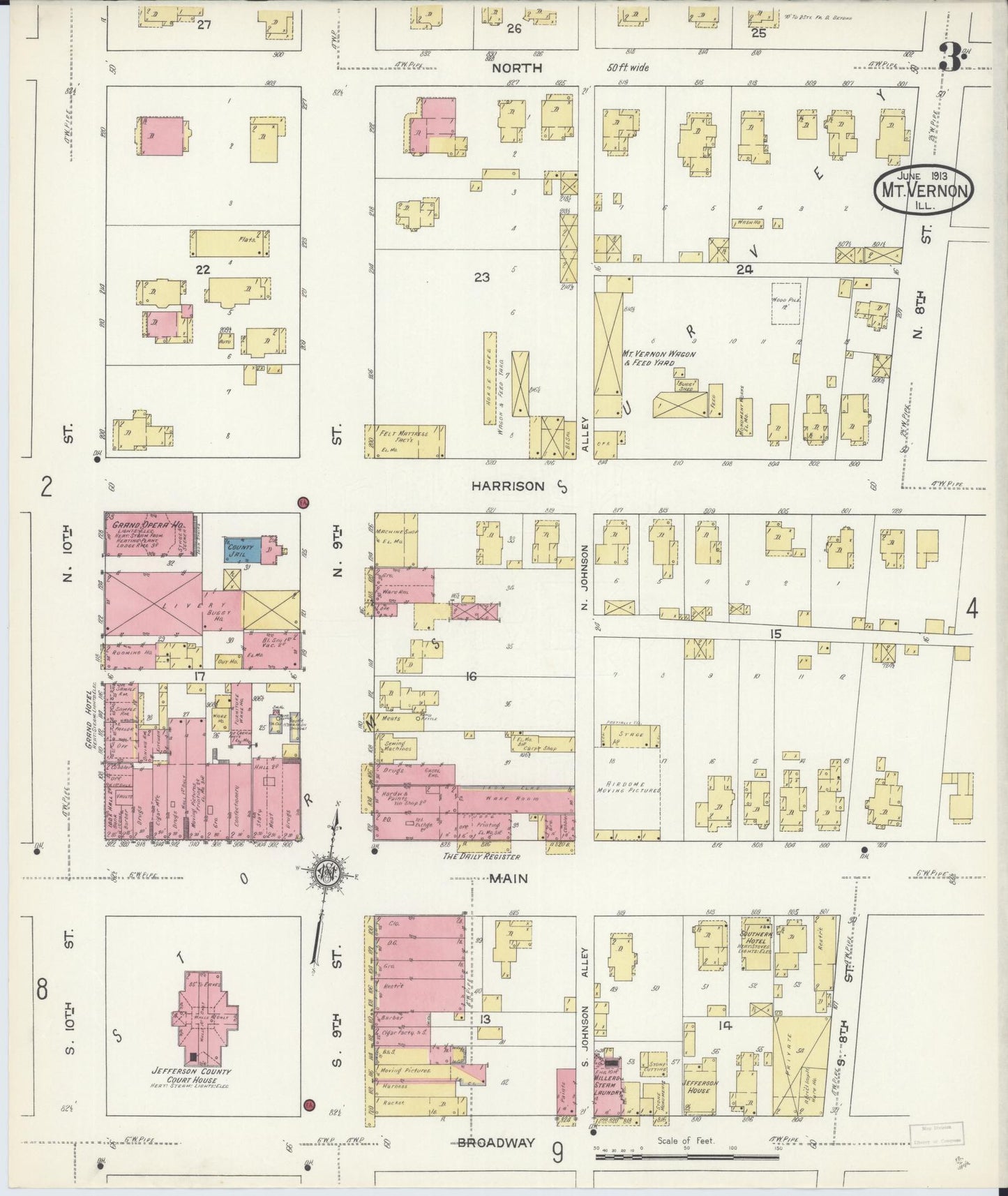 Sanborn Fire Insurance Map from Mount Vernon, Jefferson County, Illinois (1913), Sheet #0003 - Historic Sanborn Fire Insurance Map Print, vintage old map wall art, antique decor, genealogy gift, Illinois Illinois map