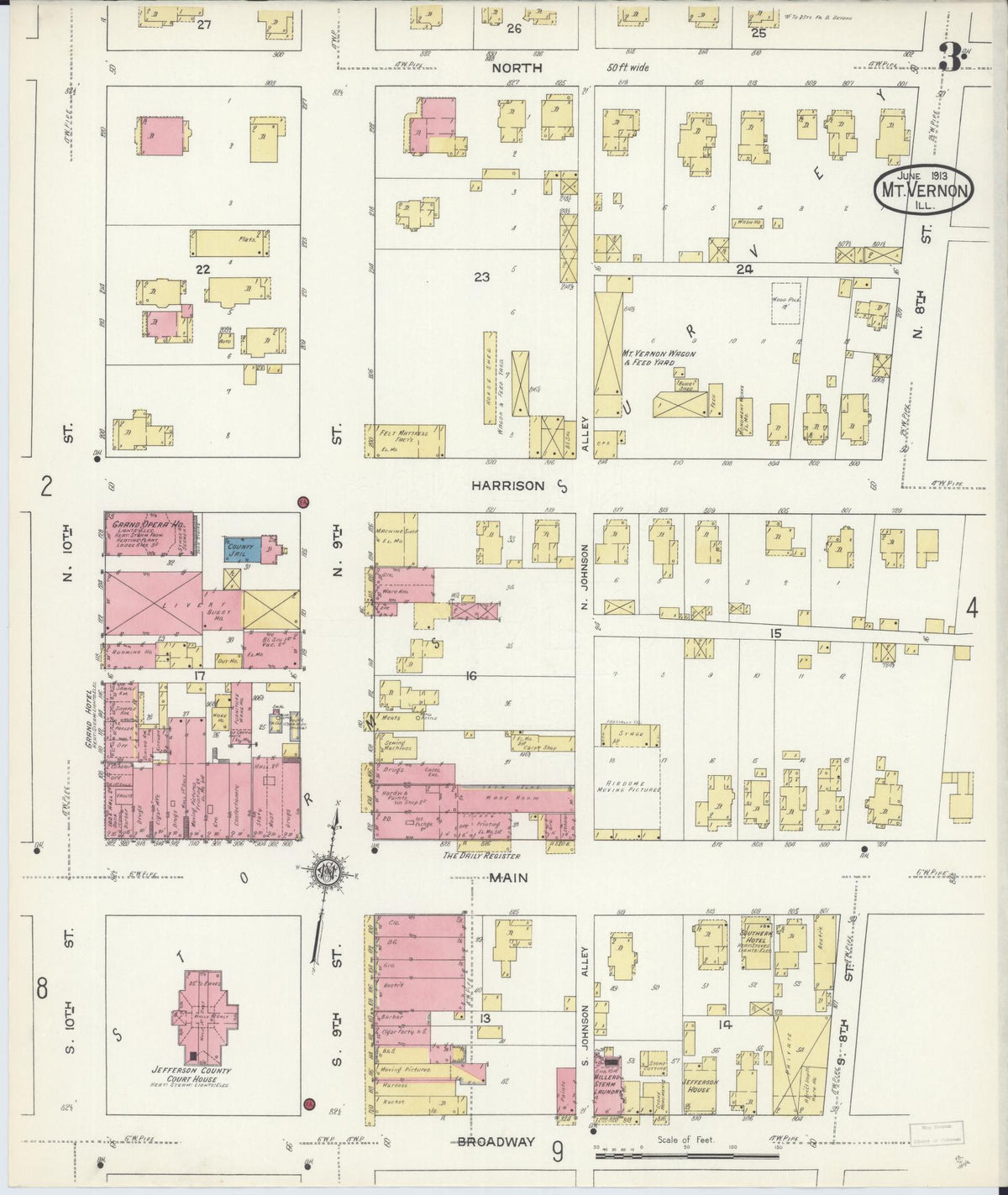 Sanborn Fire Insurance Map from Mount Vernon, Jefferson County, Illinois (1913), Sheet #0003 - Historic Sanborn Fire Insurance Map Print, vintage old map wall art, antique decor, genealogy gift, Illinois Illinois map