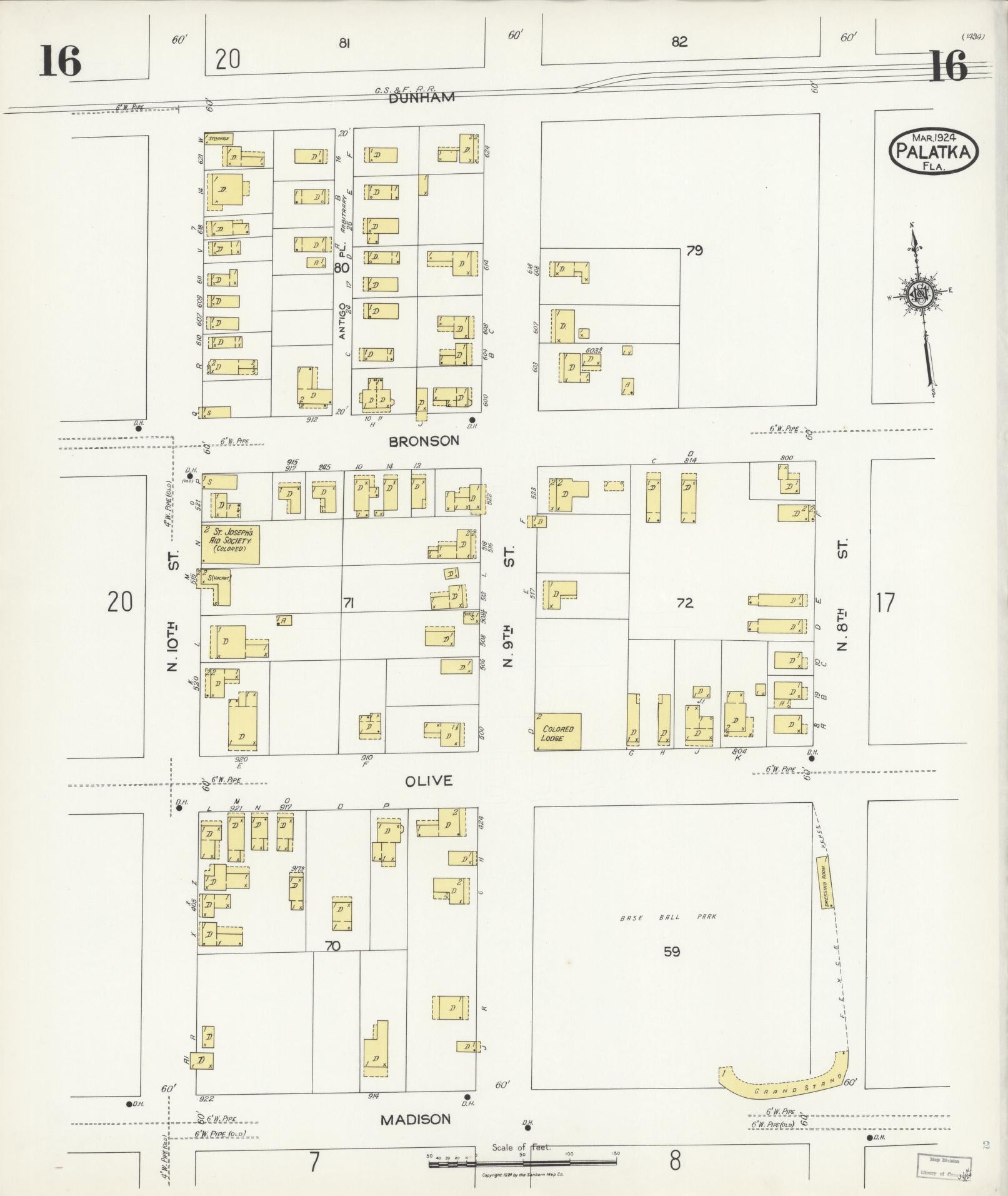 Sanborn Fire Insurance Map from Palatka, Putnam County, Florida (1924), Sheet #0016 - Complete Map Set gallery image, historic Sanborn map, vintage wall art, Florida Florida