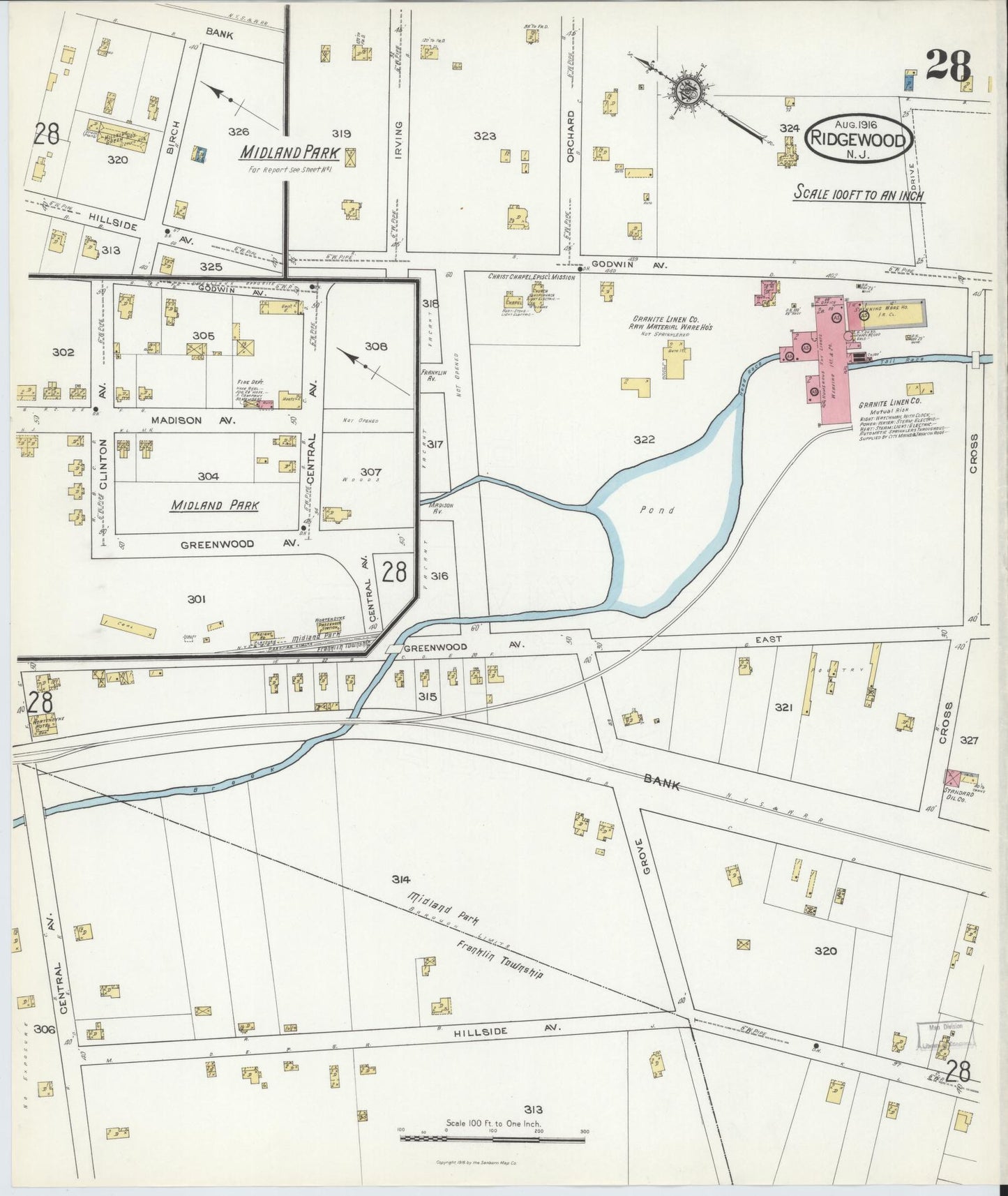 Sanborn Fire Insurance Map from Ridgewood, Bergen County, New Jersey (1916), Sheet #0028 - Complete Map Set gallery image, historic Sanborn map, vintage wall art, New Jersey New Jersey