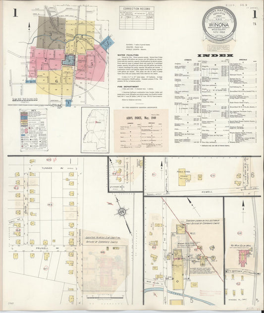 Sanborn Fire Insurance Map from Winona, Montgomery County, Mississippi (1940), Sheet #0001 - Historic Sanborn Fire Insurance Map Print, vintage old map wall art, antique decor, genealogy gift, Mississippi Mississippi map