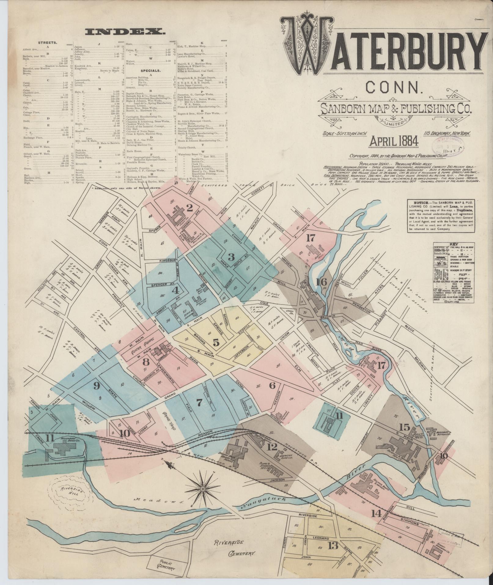 Sanborn Fire Insurance Map from Waterbury, New Haven County, Connecticut. (1884) – Historic Sanborn Fire Insurance Map Print