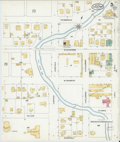 Sanborn Fire Insurance Map from Cleburne, Johnson County, Texas (1904), Sheet #0005 - Historic Sanborn Fire Insurance Map Print, vintage old map wall art, antique decor, genealogy gift, Texas Texas map
